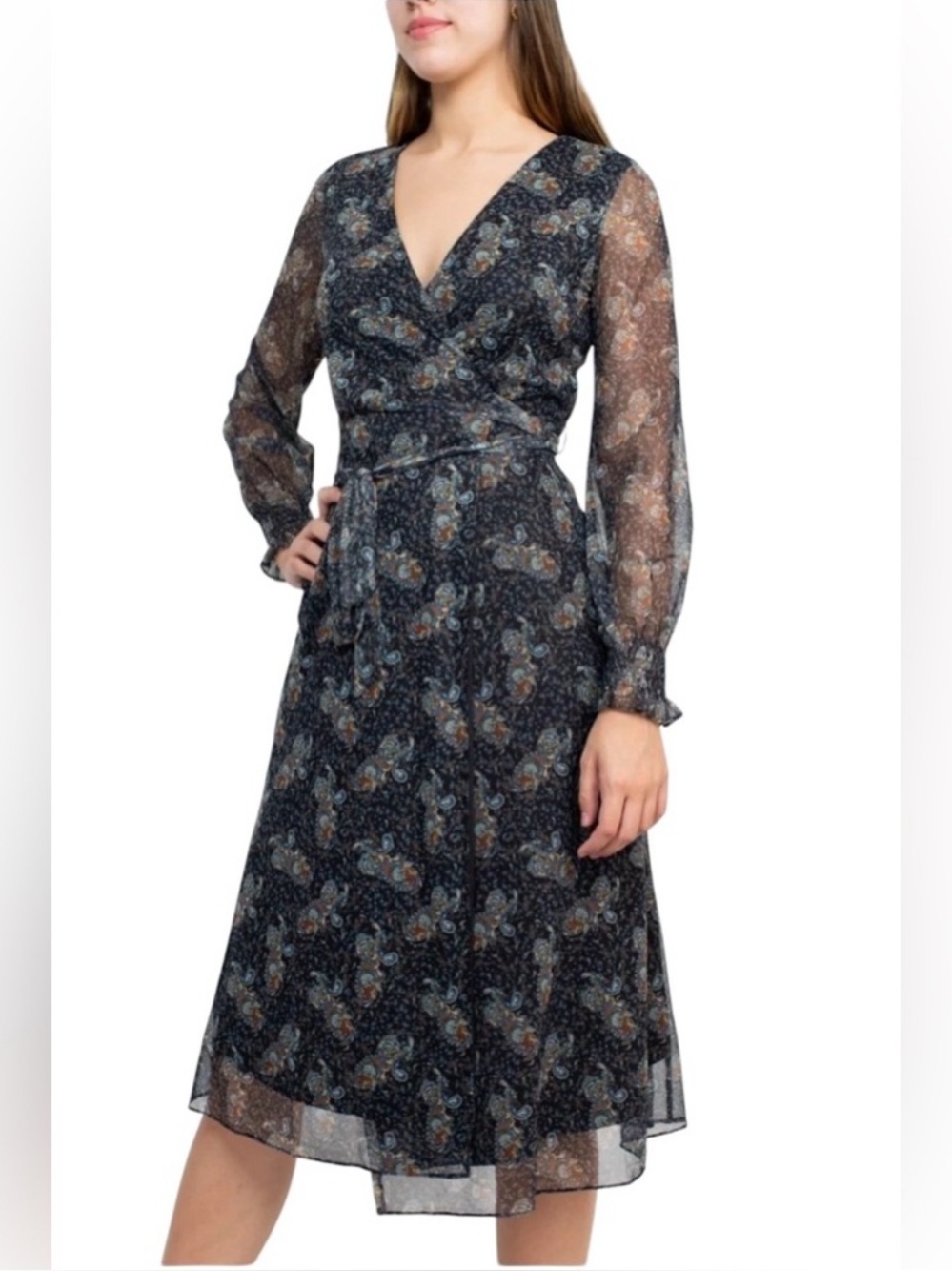 SAGE COLLECTIVE WRAP MIDI DRESS MESH PAISLEY PRINT WOMENS BLACK/MULTI SIZE 8P